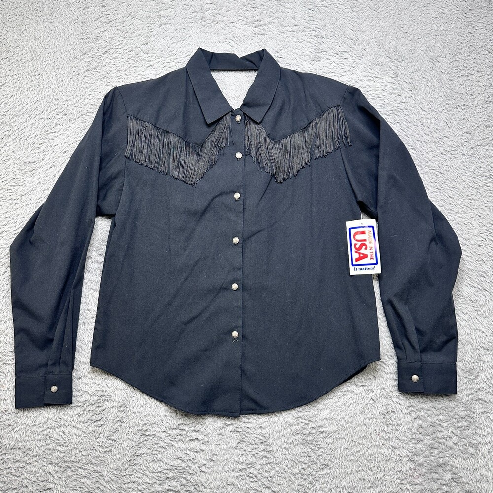 NWT Vintage 90s Western Blouse Womens L Black Fringe Keyhole Rodeo Square Dance